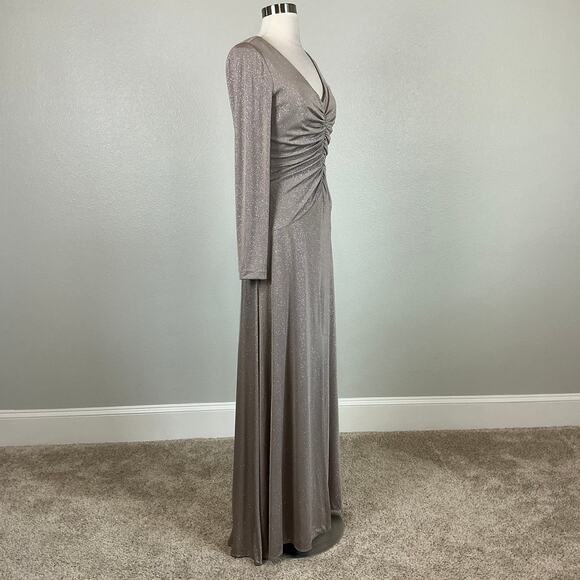 Eliza J Gold Metallic Long Sleeve Evening Gown Size 10 Ruched Thigh Slit Formal - Picture 2 of 14